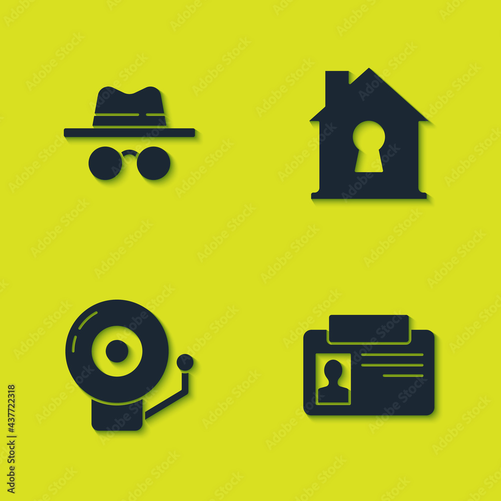 Set Incognito mode, Identification badge, Ringing alarm bell and House under protection icon. Vector Set Incognito mode, Identification badge, Ringing alarm bell and House under protection icon. Vector