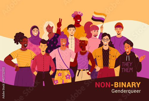 Non-binary People poster. Vector illustration of a group of diverse cartoon young adult people without gender identity in trendy flat style. Isolated on background with yellow-purple-black flag