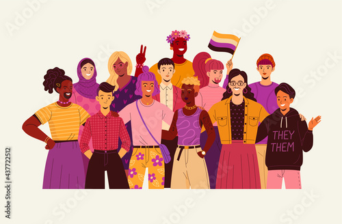 Group of non-binary people. Vector illustration in yellow-purple colors of diverse cartoon young adult people without gender identity in trendy flat style. Isolated on white