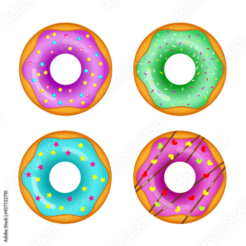 Set of realistic donuts with colored glaze isolated on white background. Vector stock illustration. 