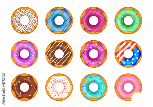 Set of colorful donuts in glaze with sprinkling top view isolated on white background. Vector stock illustration. 