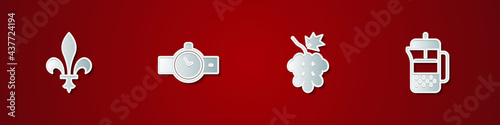 Set Fleur De Lys, Wrist watch, Grape fruit and French press icon. Vector