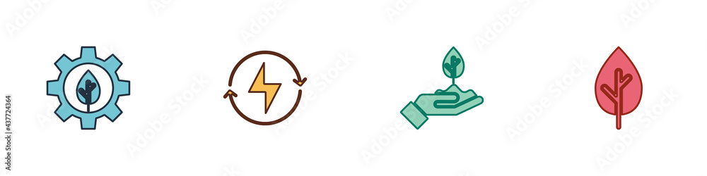 Set Leaf plant in gear machine, Lightning bolt, Plant hand and Tree icon. Vector Set Leaf plant in gear machine, Lightning bolt, Plant hand and Tree icon. Vector