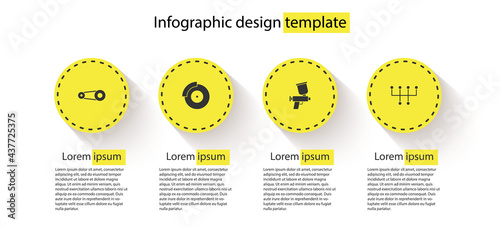 Set Timing belt kit, Car brake disk with caliper, Paint spray gun and Gear shifter. Business infographic template. Vector
