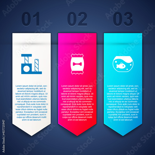 Set Cat scratching post, Bag of food for pet and Aquarium with fish. Business infographic template. Vector