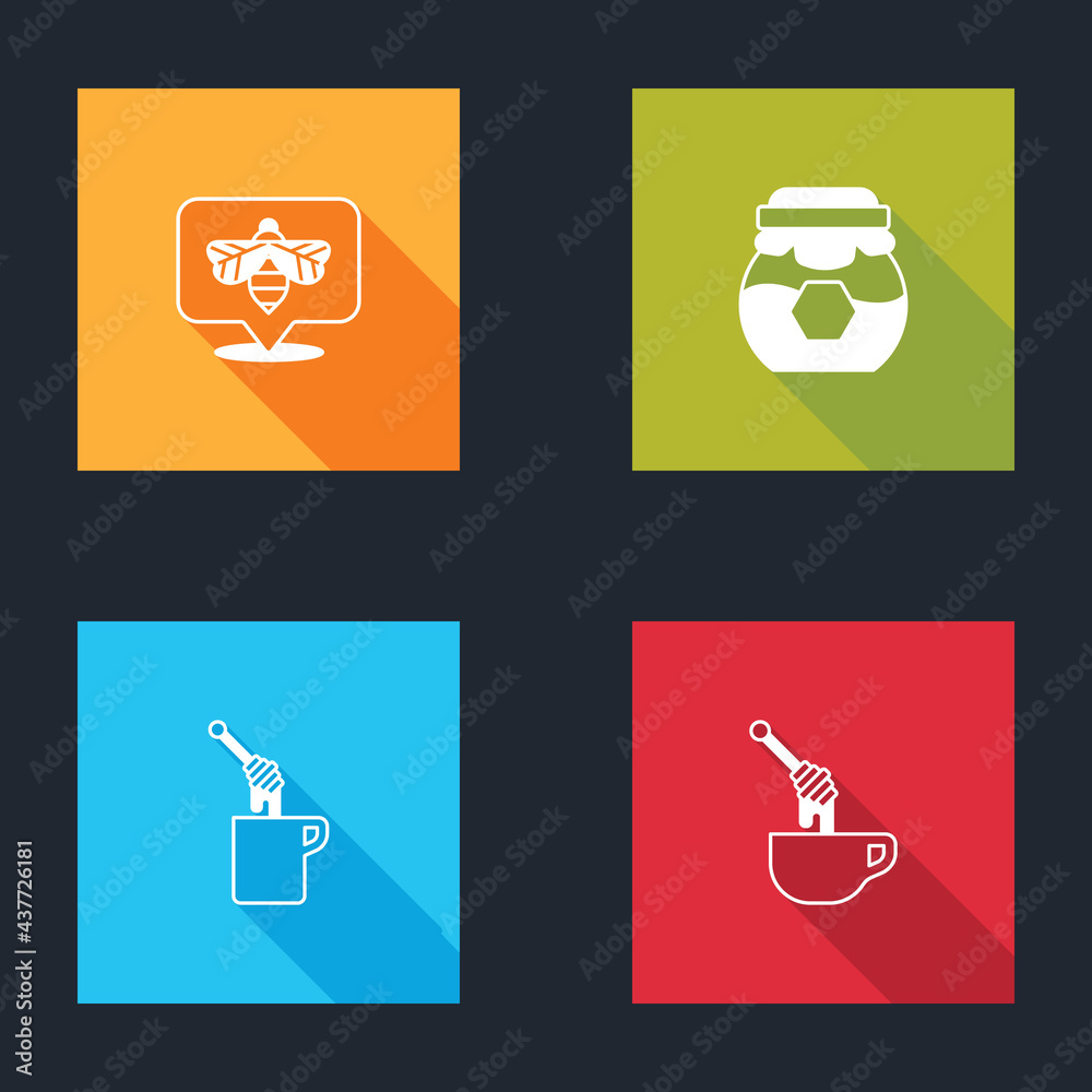 Set Bee, Jar of honey, Honey dipper stick with and icon. Vector Set Bee, Jar of honey, Honey dipper stick with and icon. Vector