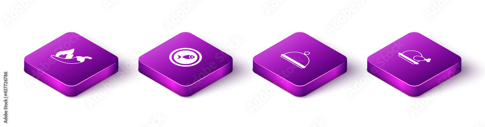Set Isometric Hot chili pepper pod, Served fish on a plate, Covered with tray and Roasted turkey or chicken icon. Vector Set Isometric Hot chili pepper pod, Served fish on a plate, Covered with tray and Roasted turkey or chicken icon. Vector