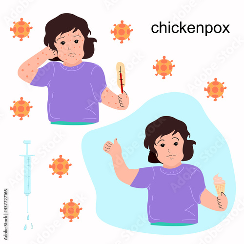 A girl with chickenpox and a girl with a vaccination.