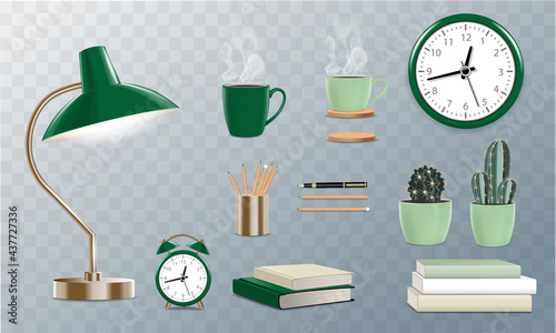  Vector retro stationery set objects with retro lamp, alarm, clock, coffee cup, plants, books, notebooks, pens and pencils