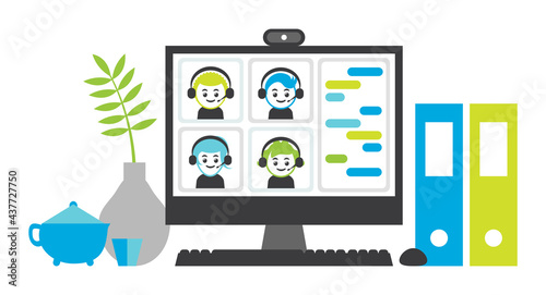 Remote work or learn via video conferencing. Multiple users wearing a headset participating in a video conference call.