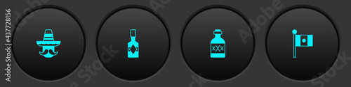 Set Mexican man sombrero, Tabasco sauce, Tequila bottle and Mexico flag icon. Vector
