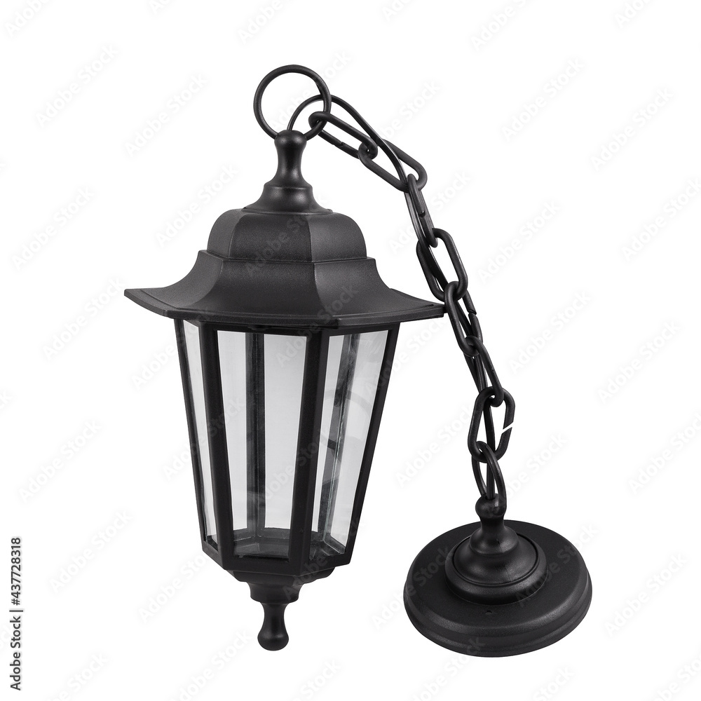 Black plastic hanging lantern isolated on white background. The black lamp.
Black plastic hanging lantern isolated on white background. The black lamp.