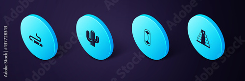 Set Isometric Chichen Itza in Mayan, Burrito, Cactus and Cigar icon. Vector