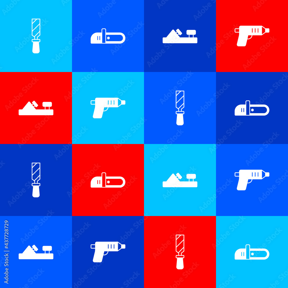 Set Rasp metal file, Chainsaw, Wood plane tool and Electric cordless screwdriver icon. Vector Set Rasp metal file, Chainsaw, Wood plane tool and Electric cordless screwdriver icon. Vector