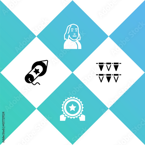 Set Firework, Medal with star, Benjamin Franklin and Carnival garland flags icon. Vector