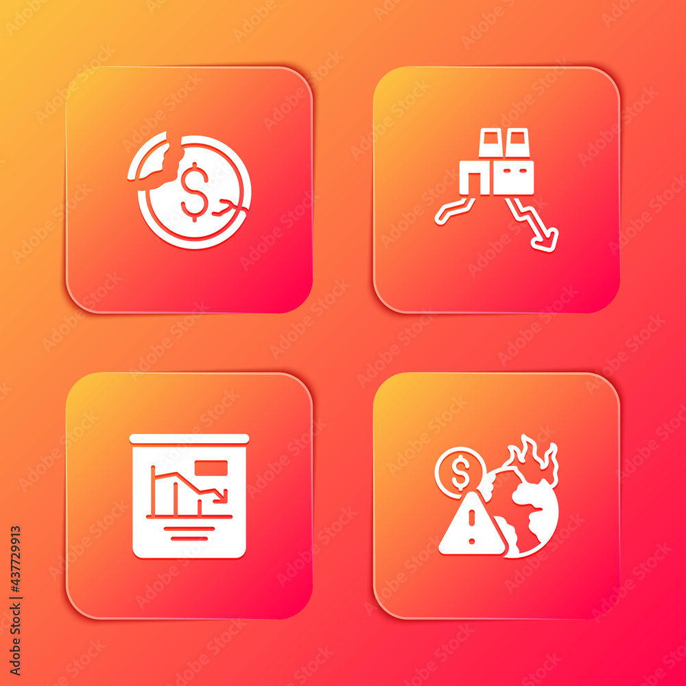 Set Dollar rate decrease, Shutdown of factory, Pie chart infographic and Global economic crisis icon. Vector Set Dollar rate decrease, Shutdown of factory, Pie chart infographic and Global economic crisis icon. Vector