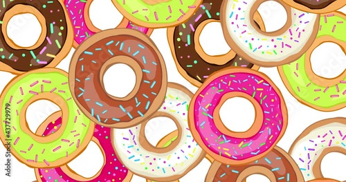 Animation seamless loop pattern colorfulred donuts. Donut with icing sprinkled with grains. Design for your ad, holiday designs, party, birthday, invitation. Alpha channel, luma matte. 4K video photo