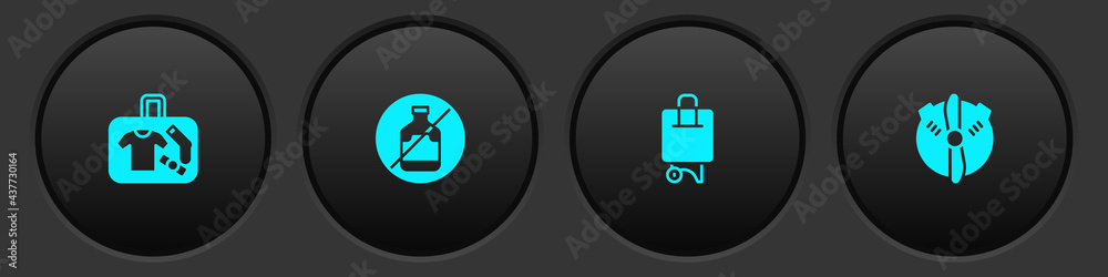 Set Suitcase, No alcohol, and Plane propeller icon. Vector Set Suitcase, No alcohol, and Plane propeller icon. Vector