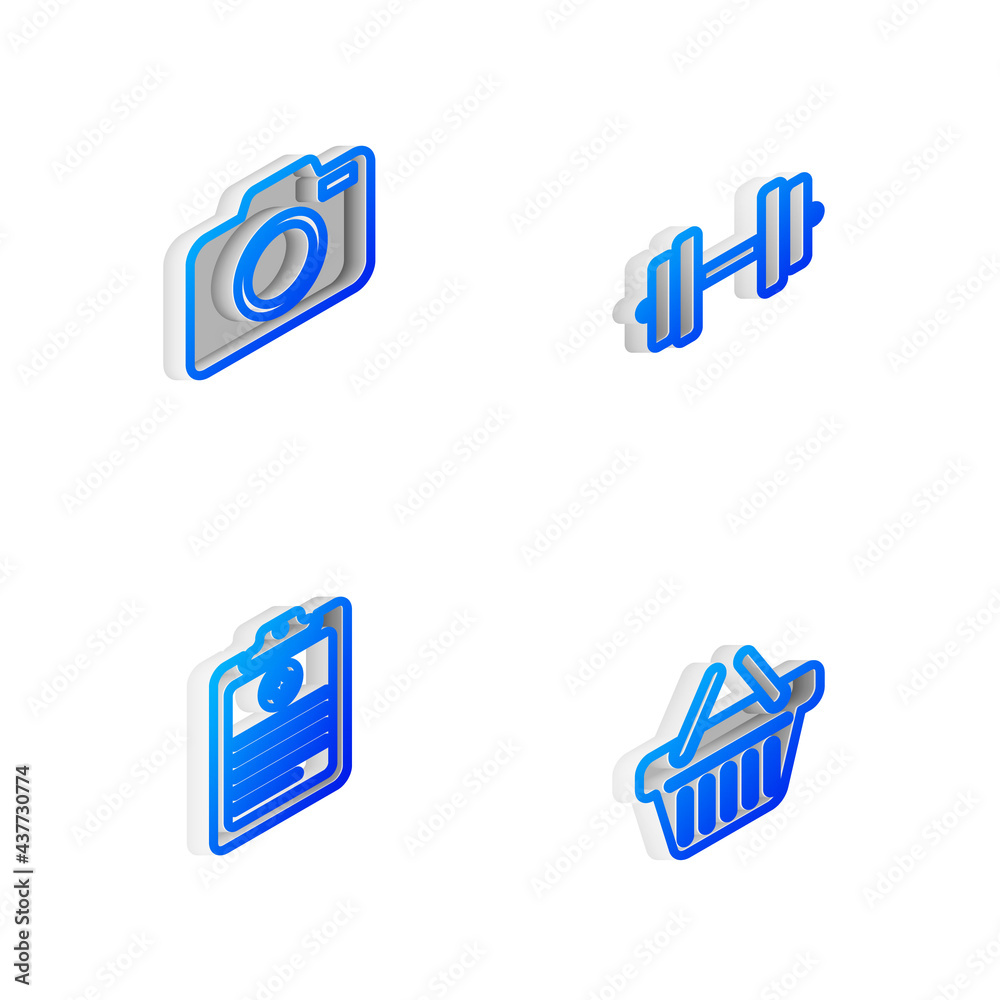 Set Isometric line Dumbbell, Photo camera, Clinical record and Shopping basket icon. Vector