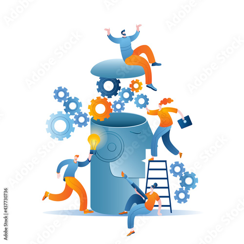 A group of people is developing artificial intelligence. Vector illustration on the topic of AI and robotics.