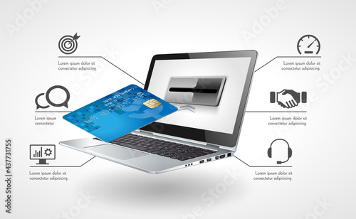 Online payment system - laptop with credit card as automated teller machine ATM