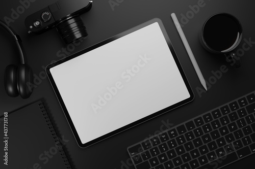3D illustration Top view mock up digital tablet with white screen and stylus pen on dark background