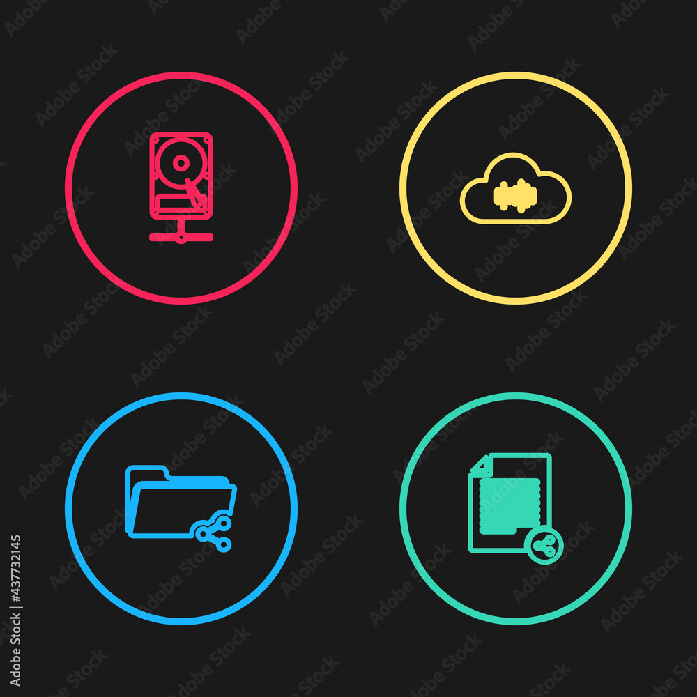 Set line Share folder, file, Music streaming service and Hard disk drive on sharing network icon. Vector Set line Share folder, file, Music streaming service and Hard disk drive on sharing network icon. Vector
