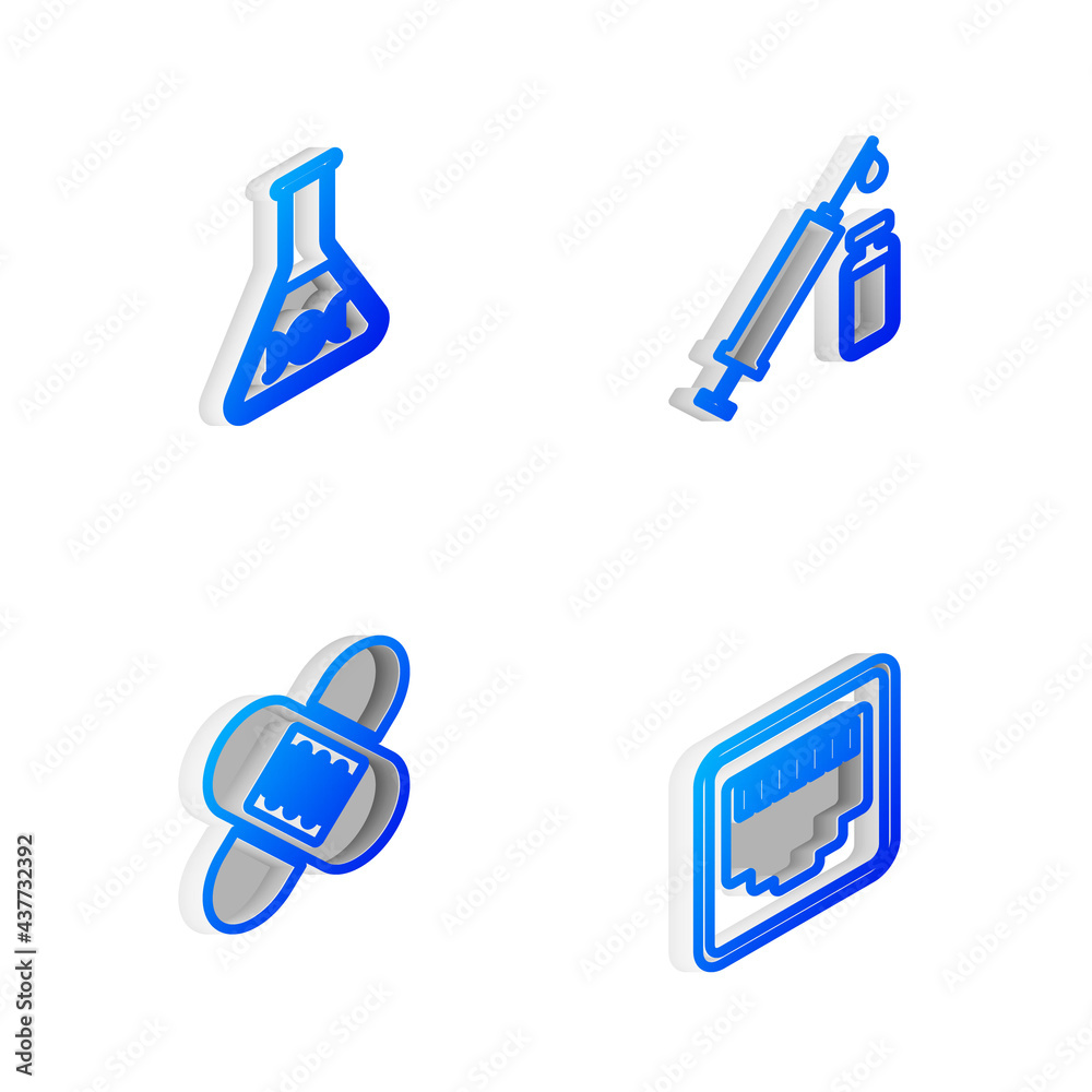 Set Isometric line Medical syringe and vial, DNA research, search, Crossed bandage plaster and Network port cable socket icon. Vector Set Isometric line Medical syringe and vial, DNA research, search, Crossed bandage plaster and Network port cable socket icon. Vector