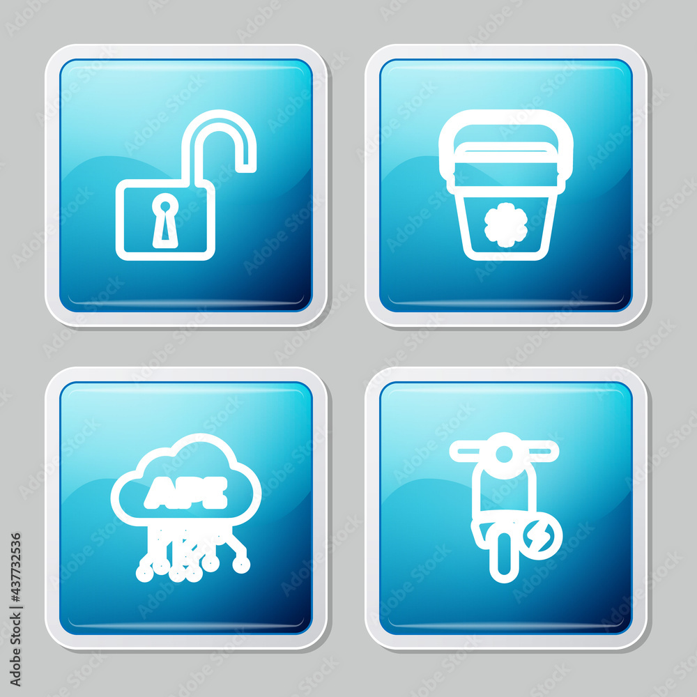 Set line Open padlock, Cooler bag, Cloud api interface and Electric scooter icon. Vector Set line Open padlock, Cooler bag, Cloud api interface and Electric scooter icon. Vector