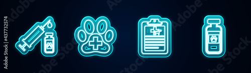 Set line Syringe with pet vaccine, Veterinary clinic, Clinical record and Pets vial medical. Glowing neon icon. Vector