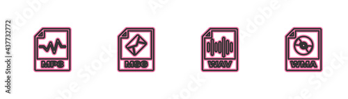Set line MP3 file document, WAV, MSG and WMA icon. Vector