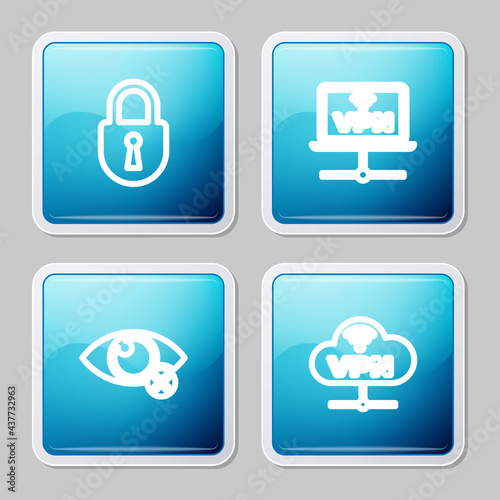 Set line Lock, VPN Computer network, Invisible hide and Network cloud connection icon. Vector