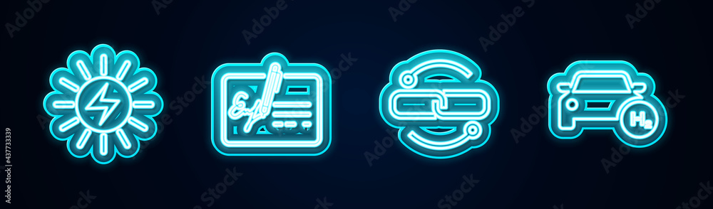 Set line Solar energy panel, Signed document, Chain link line and Hydrogen car. Glowing neon icon. Vector Set line Solar energy panel, Signed document, Chain link line and Hydrogen car. Glowing neon icon. Vector