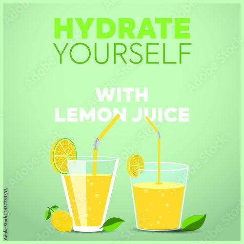 hydrate yourself. hydrate yourself with lemon juice. two glasses of lemon juice with bubbles in it decorated with straw and lemon slices. summers drink  fresh lemonade. 