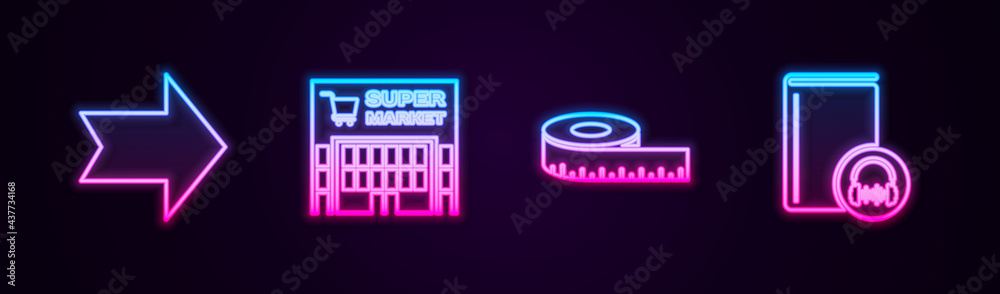 Set line Arrow, Supermarket building, Tape measure and Audio book. Glowing neon icon. Vector Set line Arrow, Supermarket building, Tape measure and Audio book. Glowing neon icon. Vector