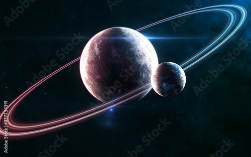 Deep space planets in light of blue and red star. Beautiful cosmic landscape. 3D render. Science fiction. Elements of this image furnished by NASA