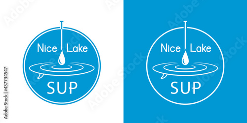 SUP and stand up paddle boarding icon or logo template. Paddle, water drop, ripple and board concept.