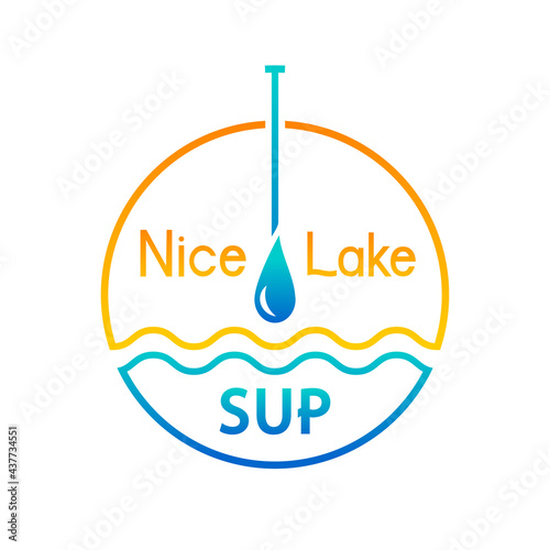 SUP icon or logo. Stand up paddle boarding concept with paddle, water drop. Circle design, template with sun and wave symbol, yellow and blue colors. Vector illustration isolated on white background.