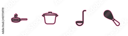 Set line Frying pan, Kitchen ladle, Cooking pot and whisk icon. Vector