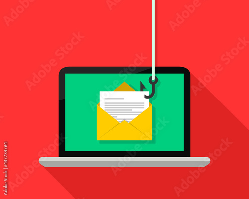 Data phishing, hacker stealing document or file from envelope, letter, inbox, mail, email displayed on laptop screen with a fishing hook. Hacking attack, cyber crime, spyware and risk concept.