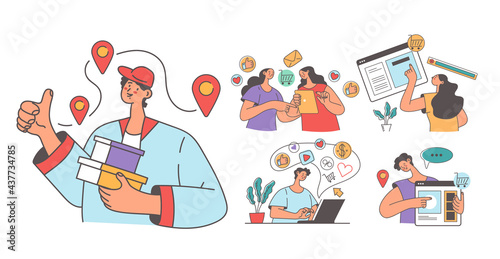 People man woman consumers making order in internet shop store. Online shopping delivery abstract concept isolated set. Vector flat modern style design illustration 