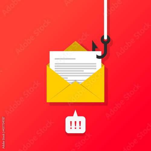 Data phishing concept. Thief stealing document or file from envelope, letter, mail, email with a fishing hook. Cyber crime, scam, fraud, access to private information. 