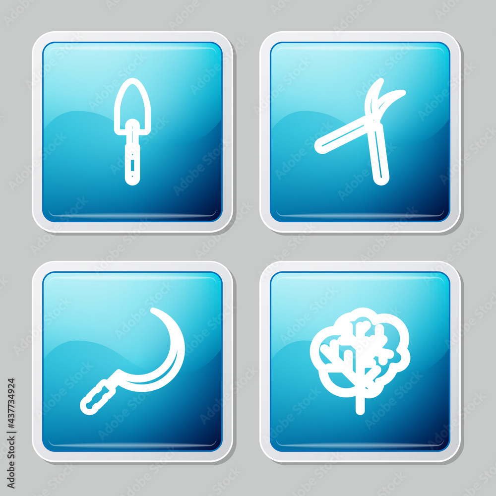 Set line Garden trowel spade or shovel, Gardening handmade scissor, Sickle and Tree icon. Vector Set line Garden trowel spade or shovel, Gardening handmade scissor, Sickle and Tree icon. Vector