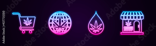 Set line Shopping cart with marijuana, Legalize, Marijuana or cannabis leaf oil and and store. Glowing neon icon. Vector