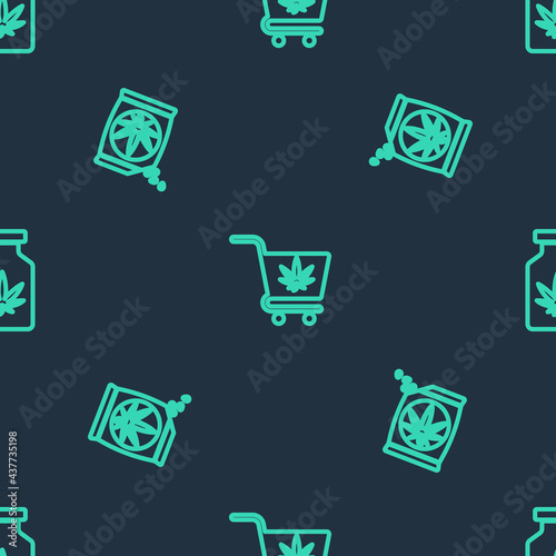 Set line Shopping cart with marijuana, Marijuana or cannabis seeds and Medical bottle on seamless pattern. Vector