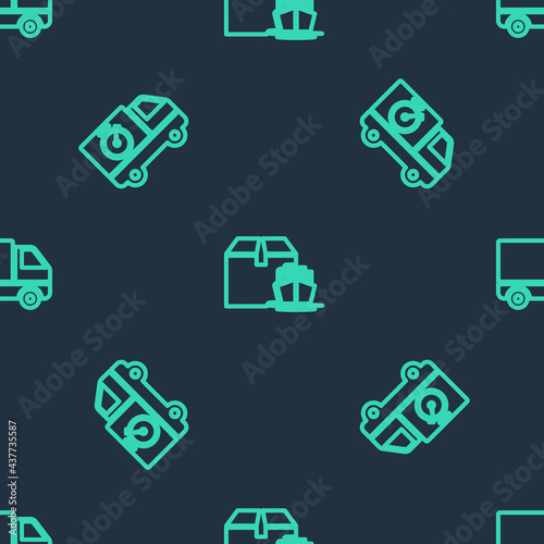 Set line Cargo ship with boxes, Delivery truck and stopwatch and cargo vehicle on seamless pattern. Vector