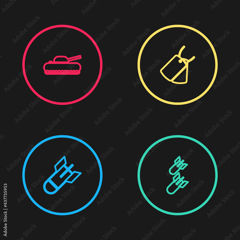 Set line Aviation bomb, , Military dog tags and tank icon. Vector