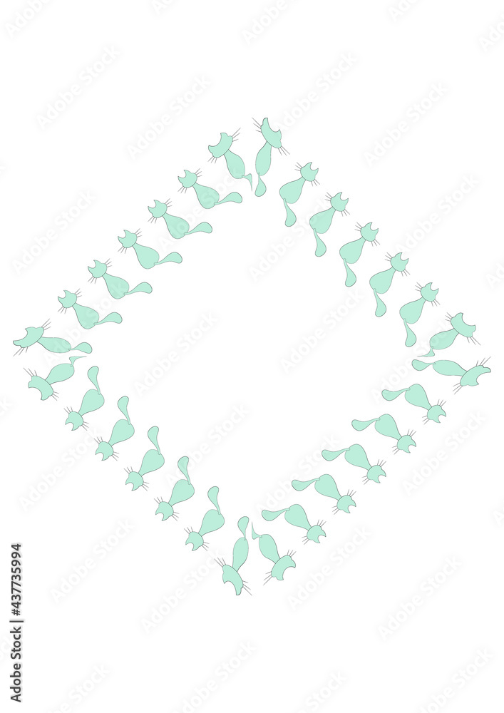 Frames of stylized cats on a white sheet of A4 format, surreal, graphics.