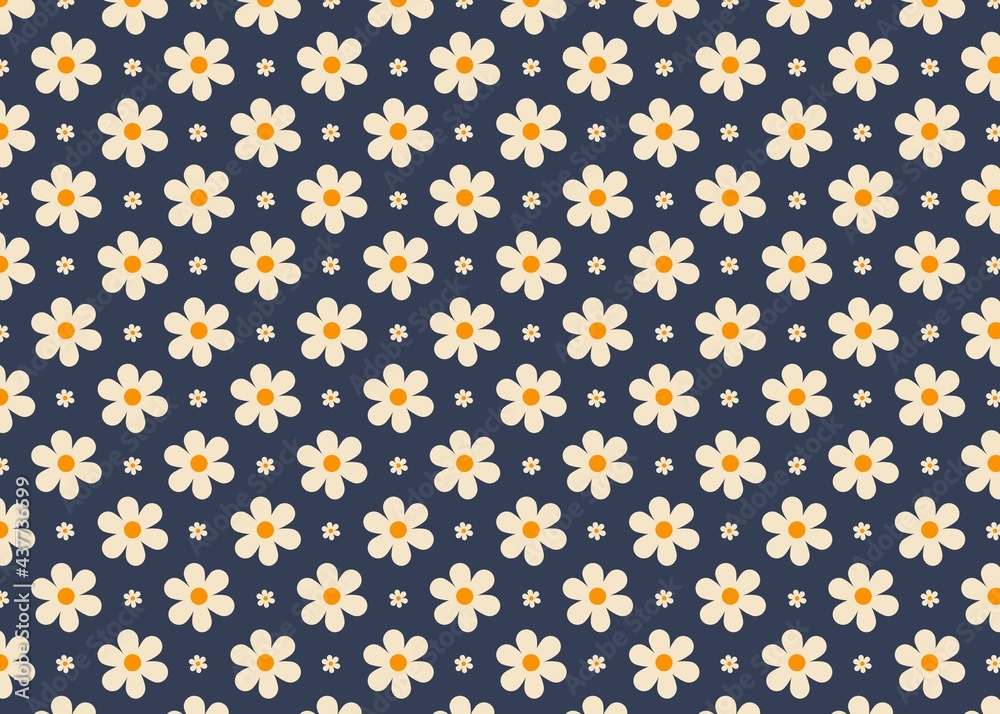 White flowers on the dark background.  The seamless pattern design.