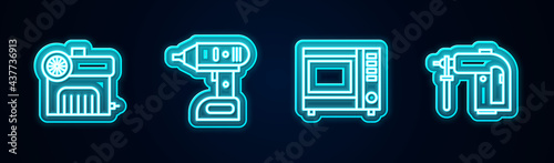 Set line Air compressor, Electric cordless screwdriver, Microwave oven and Rotary hammer drill machine. Glowing neon icon. Vector